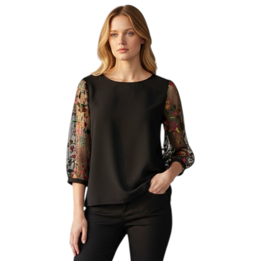 Black Blouse M Floral Boho Whimsigoth Fairy Lace Sheer Festival Cottagecore USA